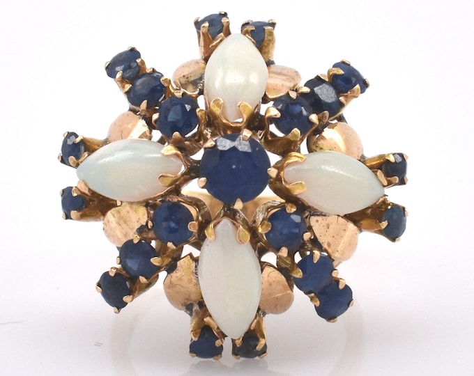 14K Solid Yellow Gold Natural Sapphires Opals Ring Over 5 Carats Total Weight Over 7 Grams Size 5 September October Birthstones Gift