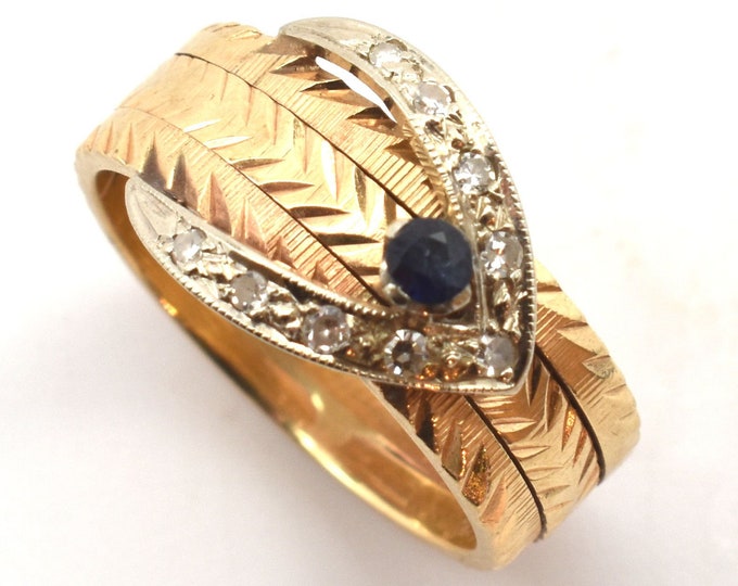 14K Solid Yellow White Gold Natural Sapphire Diamonds Ring .29 Carats Total Weight Nearly 6 Grams September Birthstone Size 6 Valentine