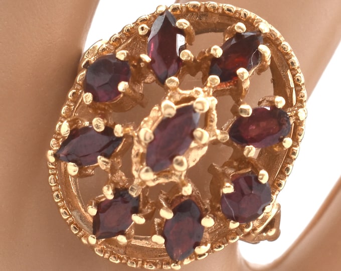 14K Solid Yellow Gold Natural Garnet Ring Vintage Estate Marquise Round Over 2 Carats Nearly 8 Grams Size 6.75 January Birthstone Gift
