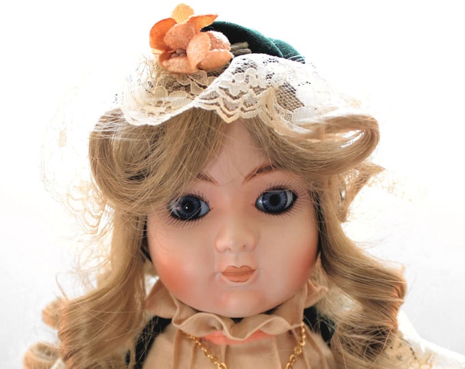 Estate Porcelain Doll Vintage Gorham Alexandria Antique Style Green Velvet Coat and Hat Gold Necklace Bracelet Holiday Gift