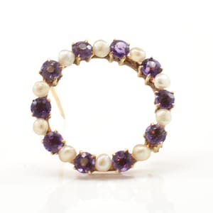 Estate Circle Brooch Vintage14K Solid Yellow Gold Natural Amethysts Pearls Pin Holiday Gift