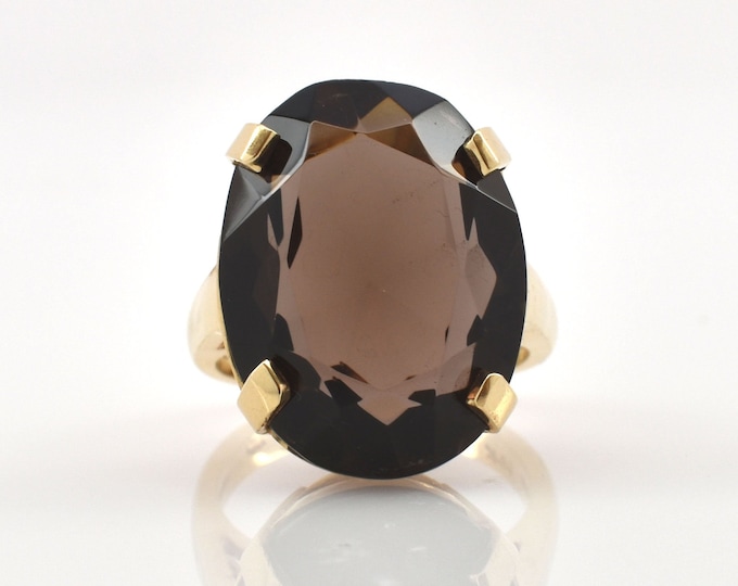 Estate Quartz Ring Vintage 14K Solid Yellow Gold Natural Smoky Quartz Oval Cut Chocolate Brown Over 15 Carats Size 6 Holiday Gift