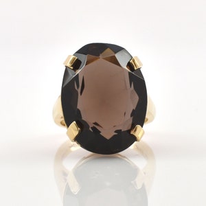 Estate Quartz Ring Vintage 14K Solid Yellow Gold Natural Smoky Quartz Oval Cut Chocolate Brown Over 15 Carats Size 6 Holiday Gift