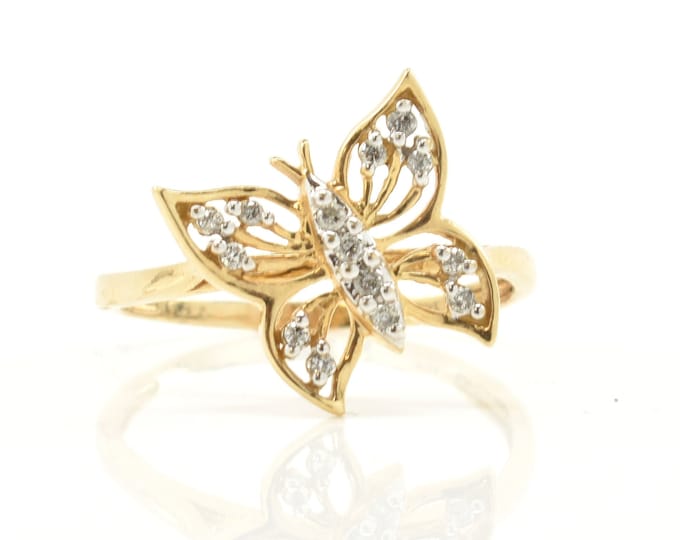 Estate Diamond Ring Vintage 14K Solid Yellow and White Gold Natural Diamonds Butterfly .1 Carat Total Weight Size 8.5 Holiday Gift