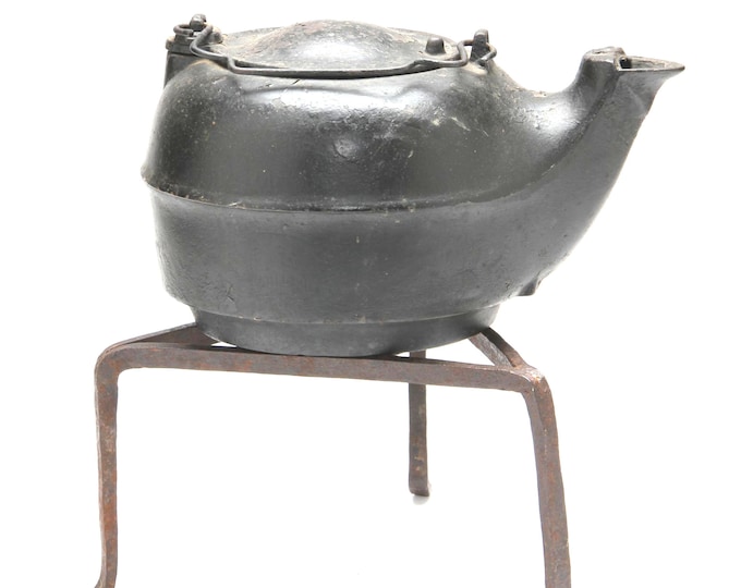 Estate Cast Iron Kettle on Stand Vintage #8 Pot Tripod Base Holiday Gift