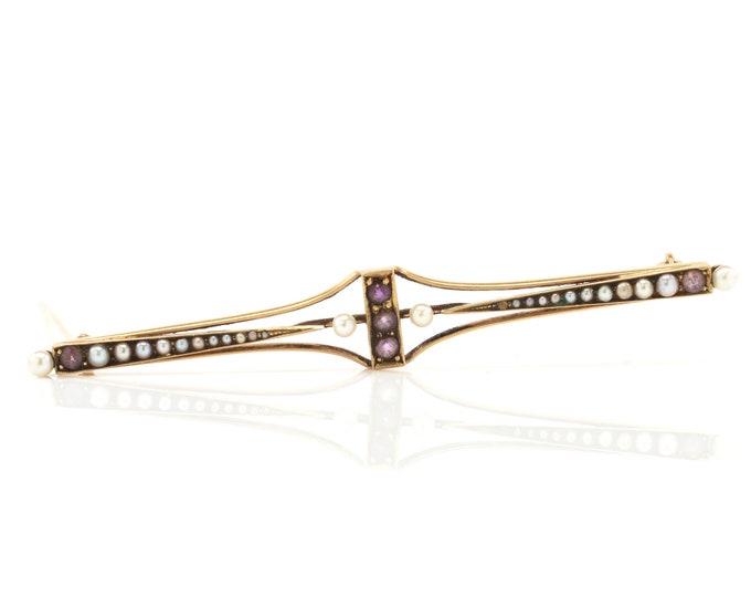 Antique Bar Brooch Vintage 14K Solid Yellow Gold Natural Amethysts Seed Pearls Pin Holiday Gift