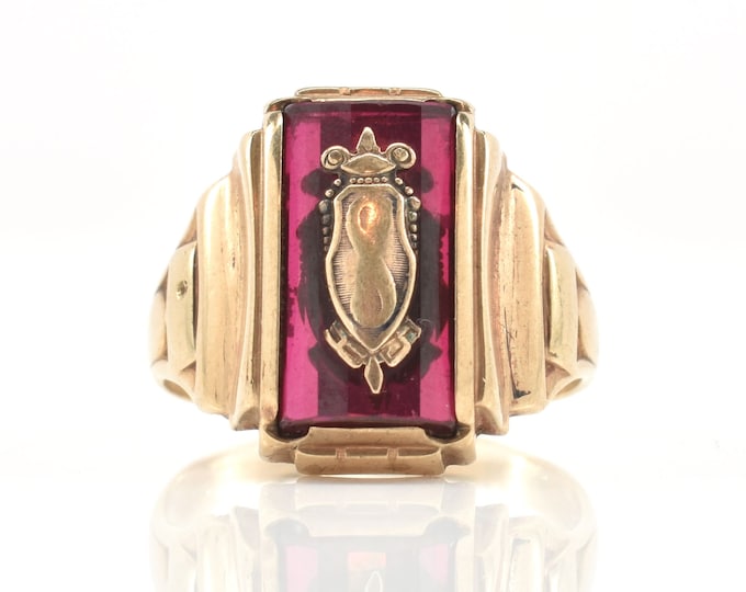 Estate Gold Ring Vintage 10K Solid Yellow Gold Ruby Signet Ring S Monogram Size 12.25 Holiday Gift