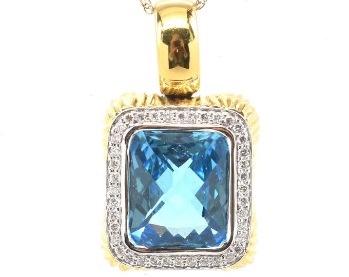 Estate Gemstone Pendant Vintage 18K Solid Yellow and White Gold Natural Diamonds Blue Topaz Enhancer 1.76 Carats Total Holiday Gift