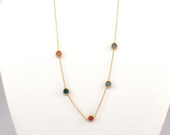 14K Solid Yellow Gold Necklace Multicolored Crystal Beads 17 Inches Long Over 3 Grams Holiday Gift
