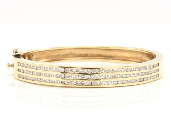 Estate Diamond Bracelet Vintage 14K Solid Yellow Gold Natural Diamonds Hinged Bangle 3 Carats Total Weight 6.75 Inches Holiday Gift