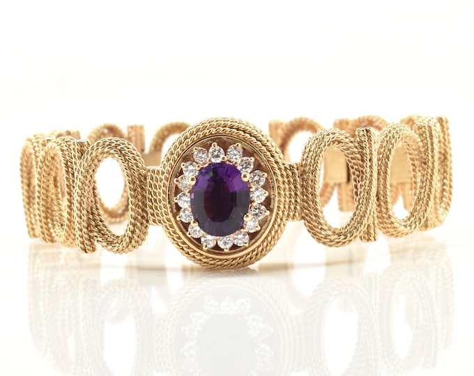 Estate Gemstone Bracelet Vintage 14K Solid Yellow Gold Natural Amethyst Diamonds Over 3 Carats Total February Birthstone Over 7 Inches Long