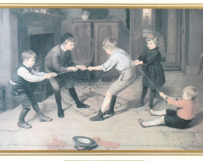 Vintage Colored Etching Print Tug of War by Artist Harry Brooker Faux Matted and Framed Under Glass Holiday Gift