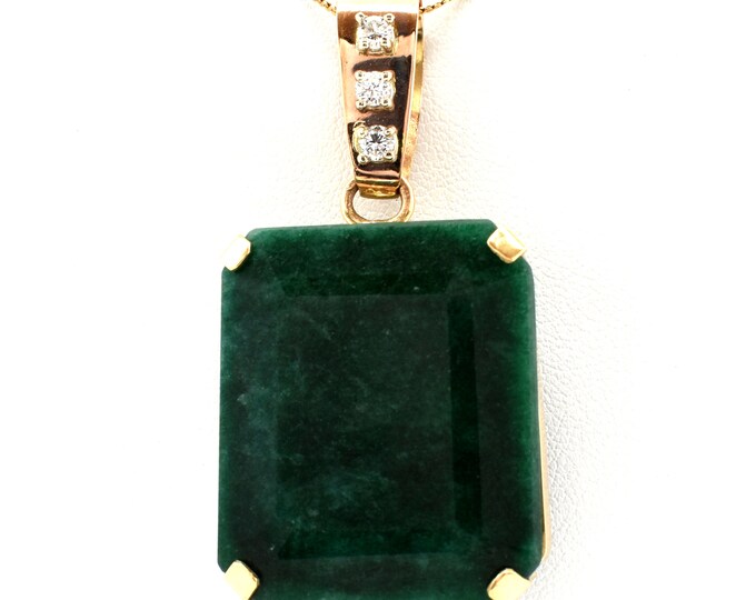 14K Solid Yellow Gold Natural Emerald Diamonds Pendant Over 71 Carats Total Weight Over 2 Inches Nearly 23 Grams May Birthstone Gift