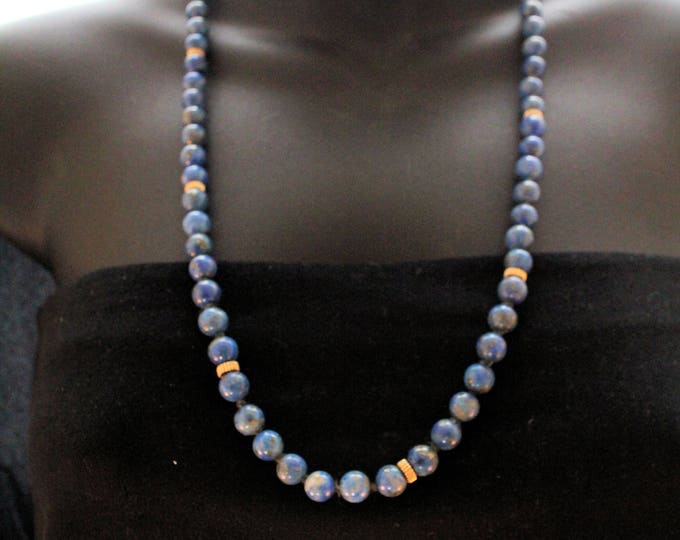 Estate 14K Yellow Gold Lapis Lazuli Bead Necklace 26" Long 62.29 Grams Holiday Gift