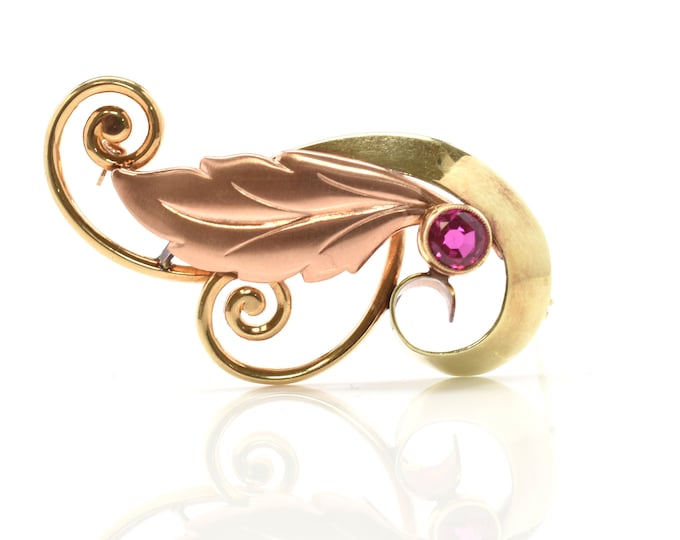 Antique Ruby Brooch Estate 14K Solid Yellow and Rose Gold Leaf Art Nouveau Nearly Half Carat July Birthstone Holiday Gift