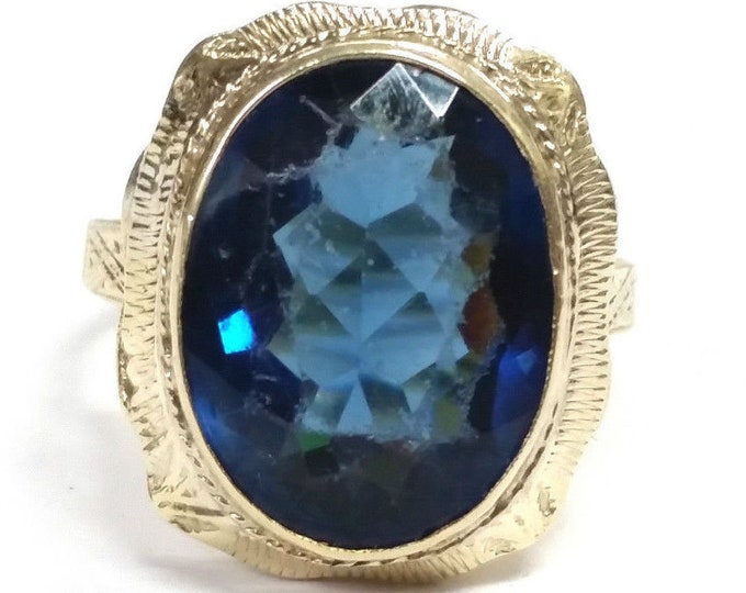 14K Yellow Gold Simulated Sapphire Ring Oval Cut Vintage Estate Nearly 7 Carats Nearly 7 Grams Size 7 September Birthstone Holiday Gift