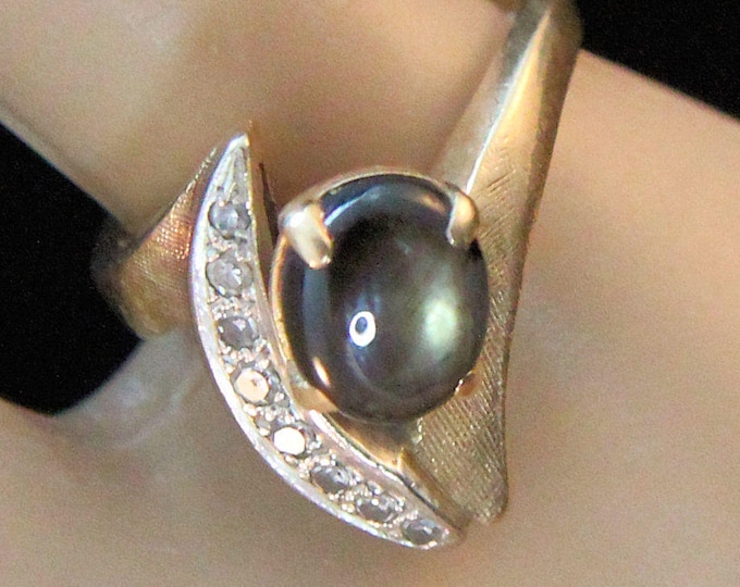 Estate 14K Yellow Gold Black Star Sapphire Diamonds Ring 6.2 Grams Size 4 Holiday Gift