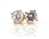 Estate Diamonique Earrings Vintage 14K Solid Yellow Gold Cubic Zirconia Studs 6 Carats Total Weight Over 8 MM Millimeters Wedding