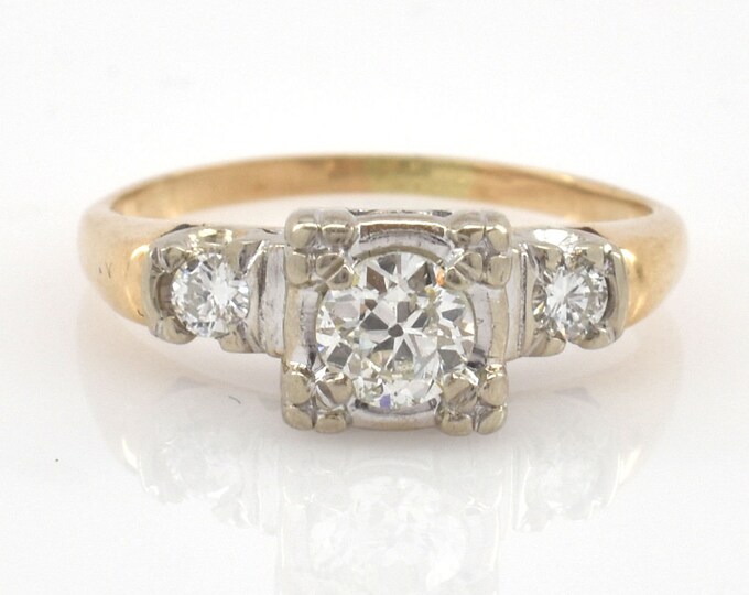 14K Solid Yellow and White Gold Natural Diamonds Ring Over Half Carat Total Weight European Cut Over 3 Grams Size 6.5 Holiday Gift
