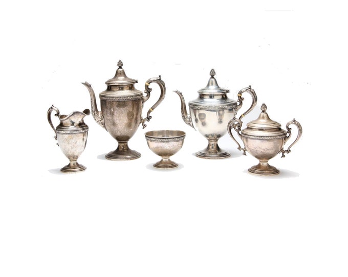 Estate Silver Set Vintage 925 Solid Sterling Silver Coffee & Tea Service Alvin "Chased Romantique" Pattern S105 No Monogram Holiday Gift