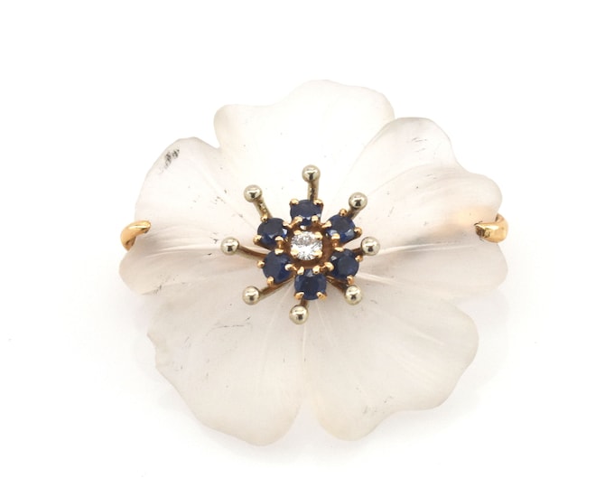 Estate Gemstone Brooch Vintage 14K Solid Yellow Gold Natural Diamond Sapphire Quartz Flower Pin Nearly 3 Carats Total Weight Holiday Gift
