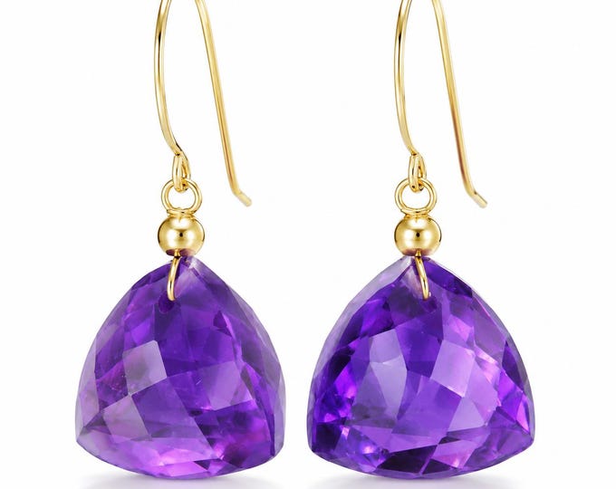 14K Gold 22 Carat Amethyst Dangle Earrings Checkerboard Tetrahedron Drops
