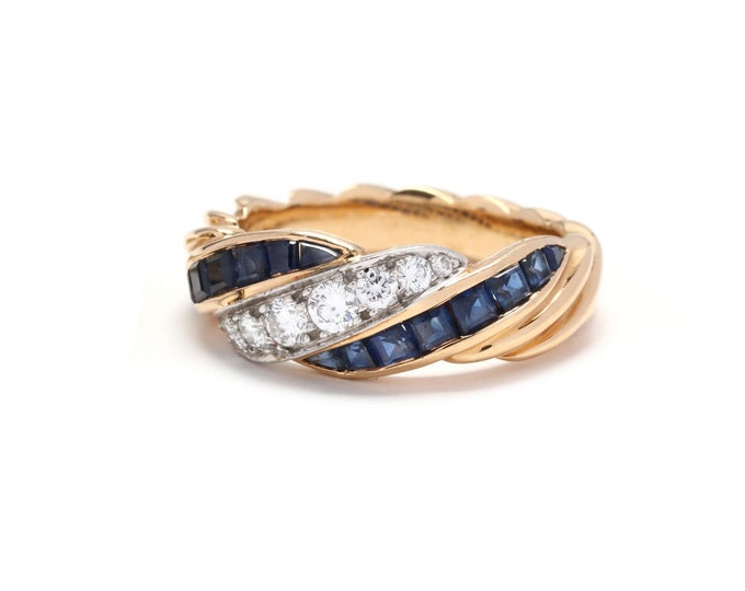 Estate Gemstone Ring Vintage 18K Solid Yellow and White Gold Natural Sapphires Diamonds Band Size 6 September Birthstone Holiday Gift