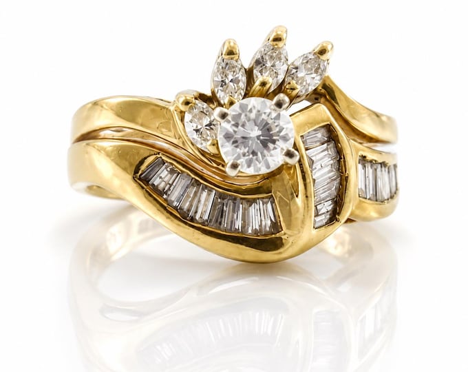 Vintage 14K Gold Diamond Bridal Set Bypass Wedding Ring 0.64 TCW, Size 4