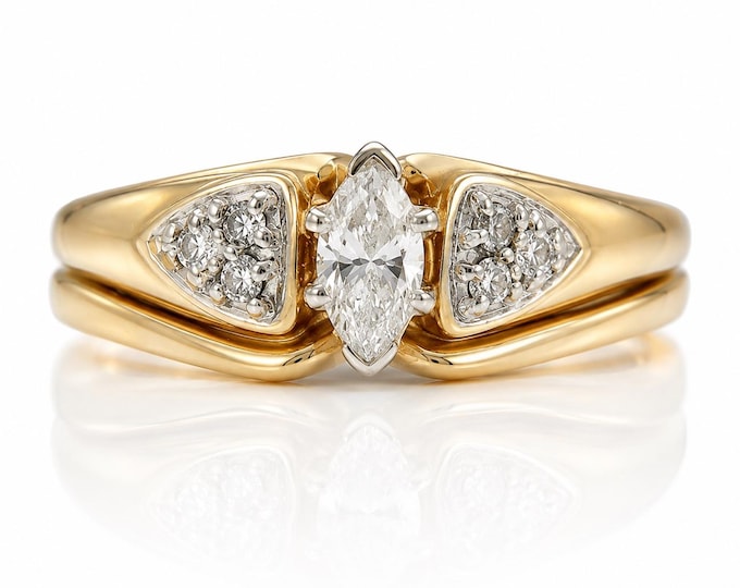 Vintage 14K Gold Marquise Diamond Wedding Set Bridal Ring Size 6.75