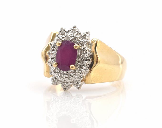 Vintage Ruby Diamond Halo Cocktail Ring 14K Gold Size 5.5 Estate Jewelry