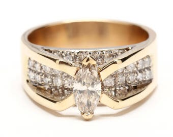 Estate 14K Yellow Gold Marquise and Round Cut Diamond Ring Set 1.38 Carats Total Weight 11.95 Grams Size 9 Holiday Gift