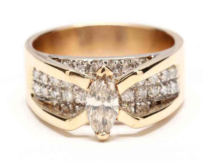 Estate 14K Yellow Gold Marquise and Round Cut Diamond Ring Set 1.38 Carats Total Weight 11.95 Grams Size 9 Holiday Gift