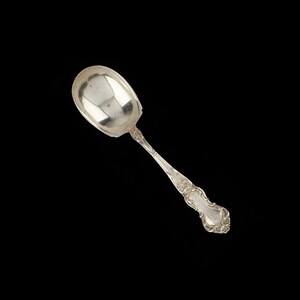 May include: A silver sugar spoon with an ornate handle and a rounded bowl.