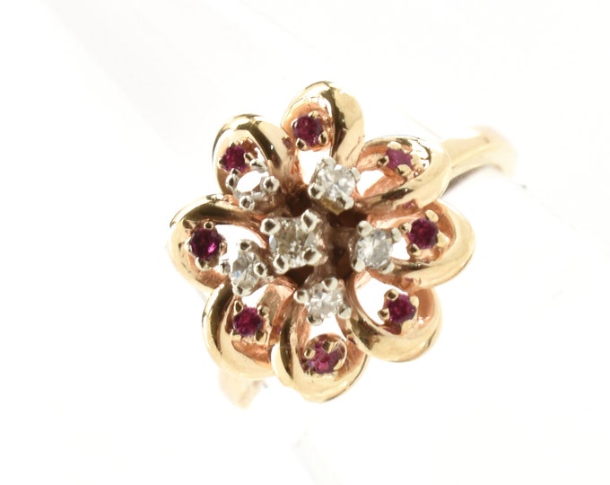 Estate Gemstone Ring Vintage 14K Solid Yellow Gold Natural Rubies Diamonds .345 Carats Total Weight Size 5.75 Holiday Gift