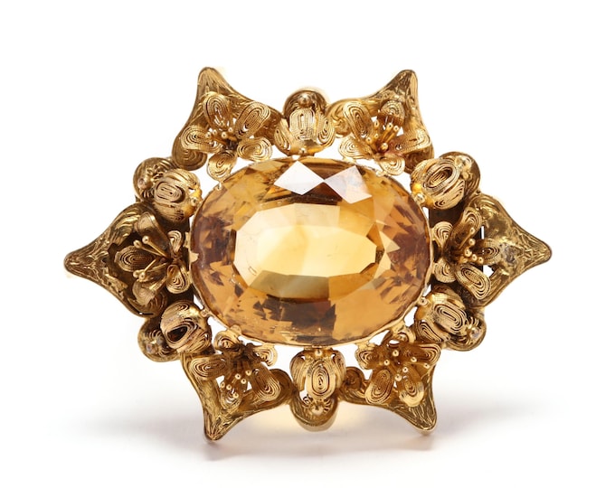 Antique Cannetille Brooch Estate 18K Solid Yellow Gold Natural Citrine Nearly 30 Carats November Birthstone Holiday Gift
