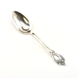 May include: A silver spoon with an ornate handle. The handle is decorated with a floral design and has a delicate, intricate pattern.