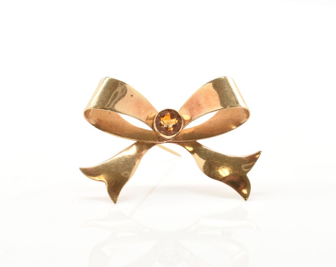 Estate Bow Brooch Vintage 10K Solid Yellow Gold Natural Citrine Pin November Birthstone Holiday Gift