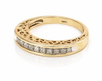 Vintage 14K Gold Princess Cut Diamond Anniversary Wedding Band Ring 0.8 Carats Size 8