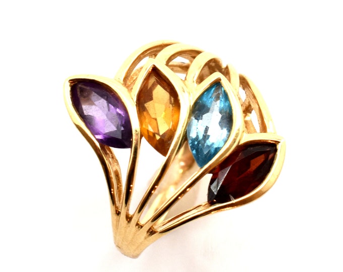 14K Solid Yellow Gold Natural Amethyst Citrine Blue Topaz Garnet Ring Vintage Estate Marquise Cut Nearly 3 Carats Over 5 Grams Gift