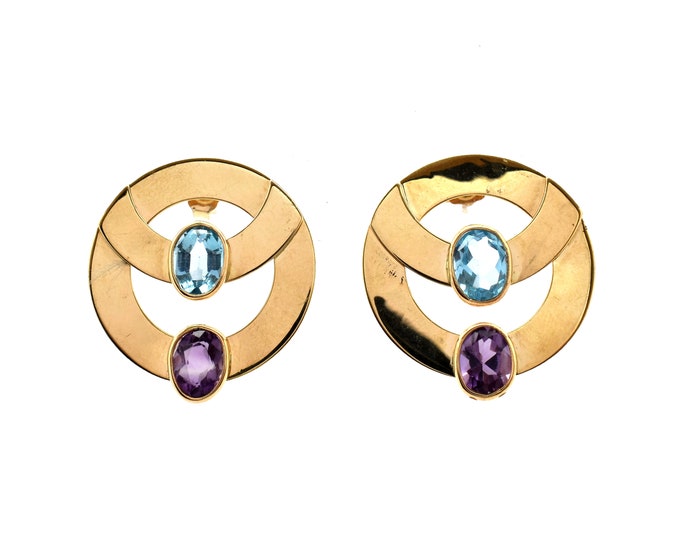 14K Solid Yellow Gold Natural Amethyst Blue Topaz Earrings Vintage Estate Nearly 5 Carats Total Weight Over 6 Grams Holiday Gift
