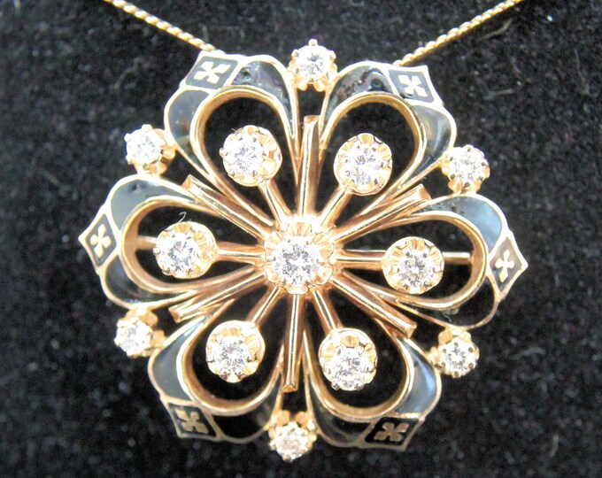 14K Solid Yellow Gold Natural Diamonds Pendant Brooch Snowflake Flower Floral Vintage Estate Over 1 Carat Total Nearly 10 Grams Gift
