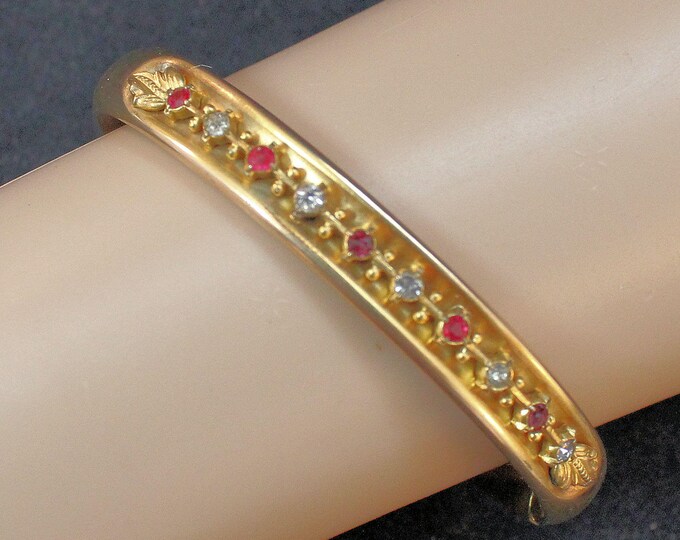 Estate 14K Yellow Gold Red and White Stones Hinged Bangle Bracelet Signed W&S Blackington Nearly 7 Inches 22 Grams Holiday Gift