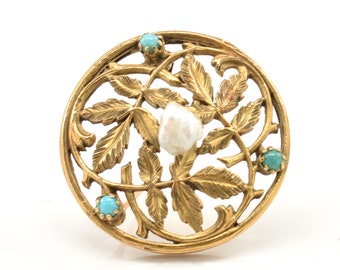 Estate Gold Brooch Vintage 14K Solid Yellow Gold White Freshwater Pearl Turquoise Beads Pin Holiday Gift