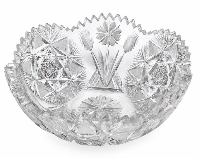Antique Cut Crystal Bowl: Wheat, Floral, Star Pattern, Scalloped Sawtooth Edge