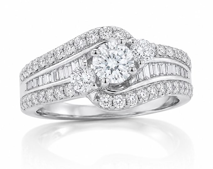 14K White Gold 1.24CTW Diamond Split Shank Engagement Ring Baguette Accents, Size 6.75