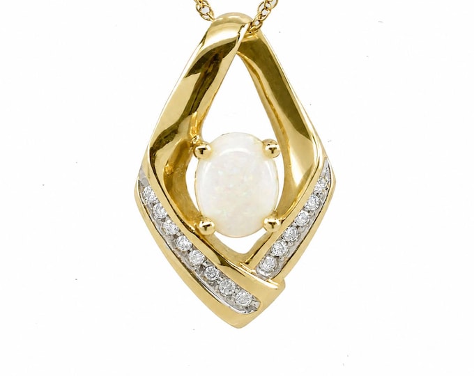 Vintage 14K Gold Opal White Sapphire Modernist Pendant 1980s Estate