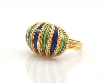 Vintage 18K Yellow Gold Ring, Blue Green Enamel, Size 3