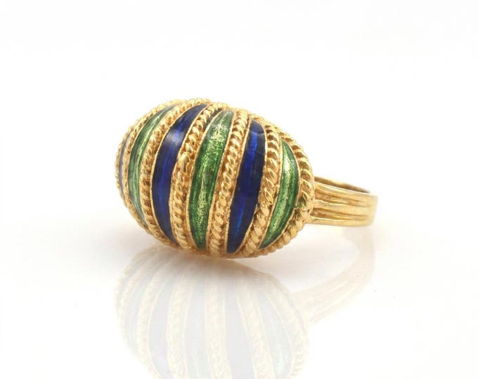 Vintage 18K Yellow Gold Ring, Blue Green Enamel, Size 3