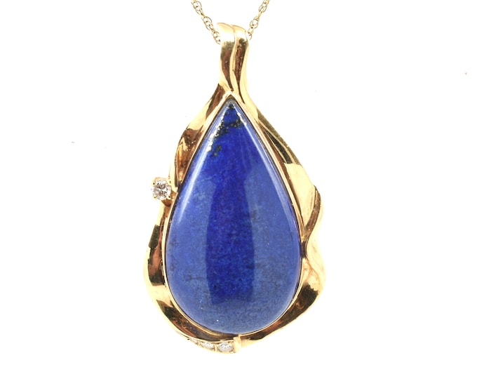 Estate Gemstone Pendant Vintage 14K Solid Yellow Gold Natural Diamonds Lapis Lazuli Hinged Bail Enhancer December Birthstone Holiday Gift