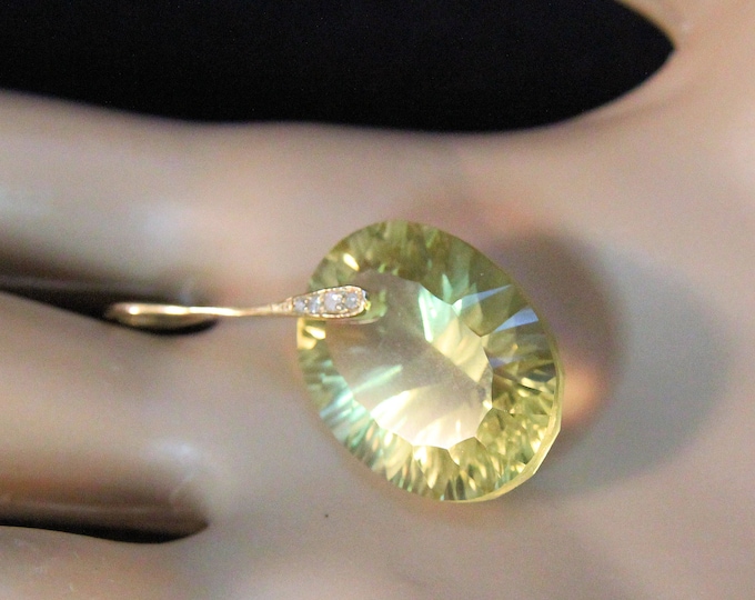 Estate 14K Solid Yellow Gold 22 Carat Genuine Citrine Lemon Quartz .05 Carats Diamonds Pendant 5.23 Grams Holiday Gift